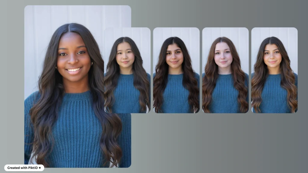 A large portrait of a woman surrounded by smaller face variations, demonstrating the ability to choose different faces for one body. Realistic AI-generated face options used for creative content and model diversity.