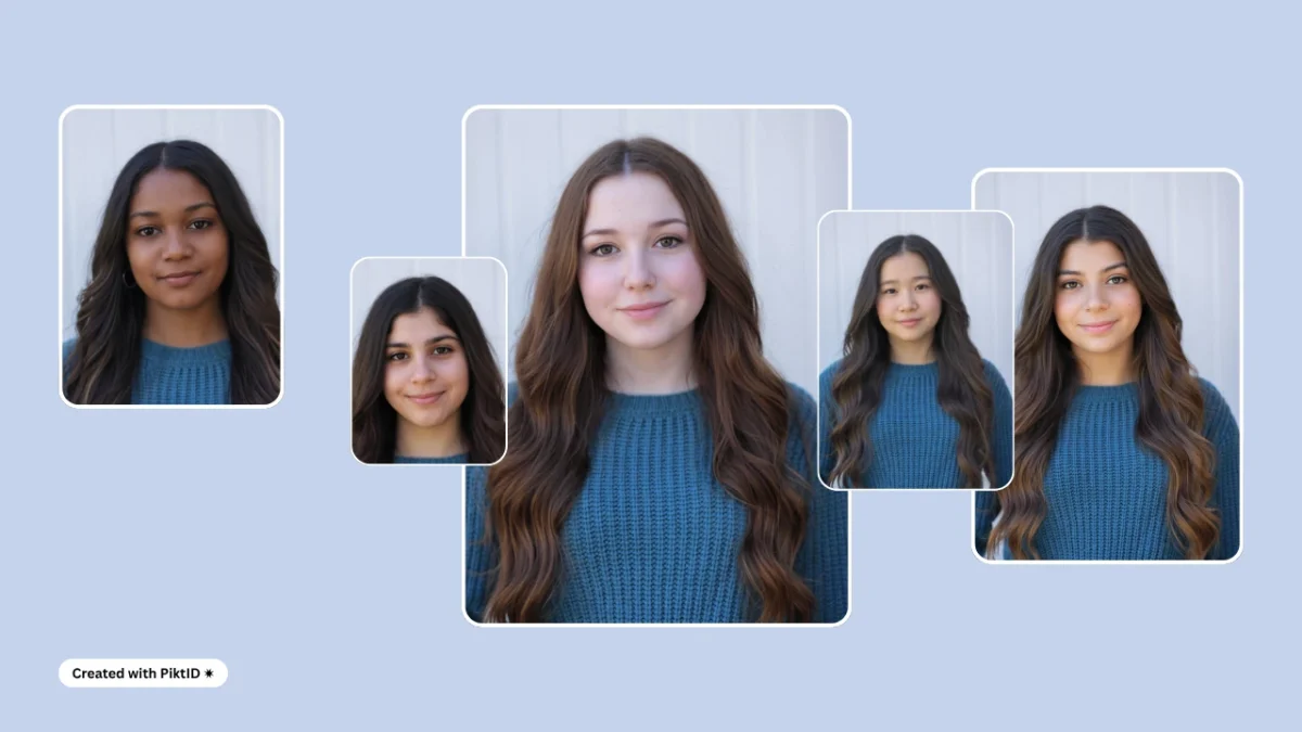 A portrait of a woman in a striped top displayed with four variations of her face, highlighting PiktID’s AI face replacement app. Perfect example of diverse face swaps while maintaining hairstyle and pose.