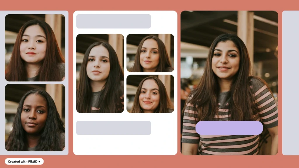 A diverse group of female faces generated on one model, showcasing inclusive AI face replacement app across different ethnicities. Demonstrates PiktID’s ability to create multicultural marketing and modeling content.