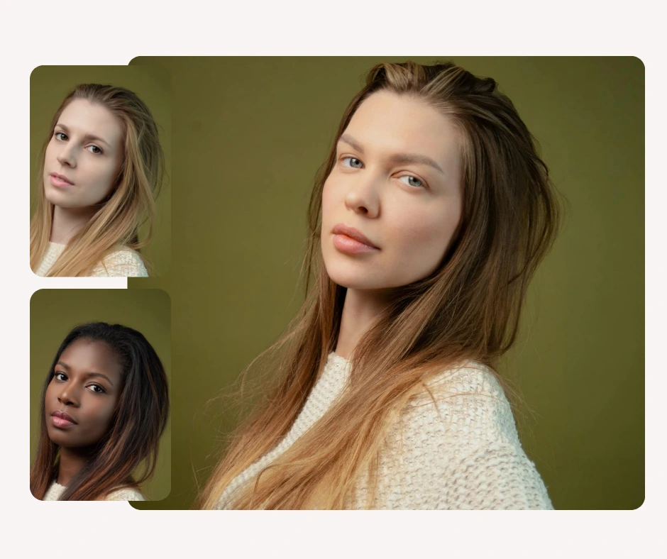 Three portraits of women demonstrating face swap examples on iPhone, showing realistic blending of facial features. The main model is in the center with two alternate face swap results on the side.