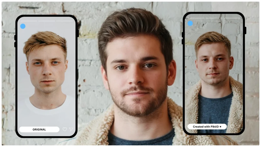 Portrait of a man in a shearling denim jacket holding a phone, showing a clean and natural face swap result. Ideal example of a realistic AI-generated photo for demonstrating iPhone face swap quality. This is to demonstrate how to face swap on iphone using PiktID