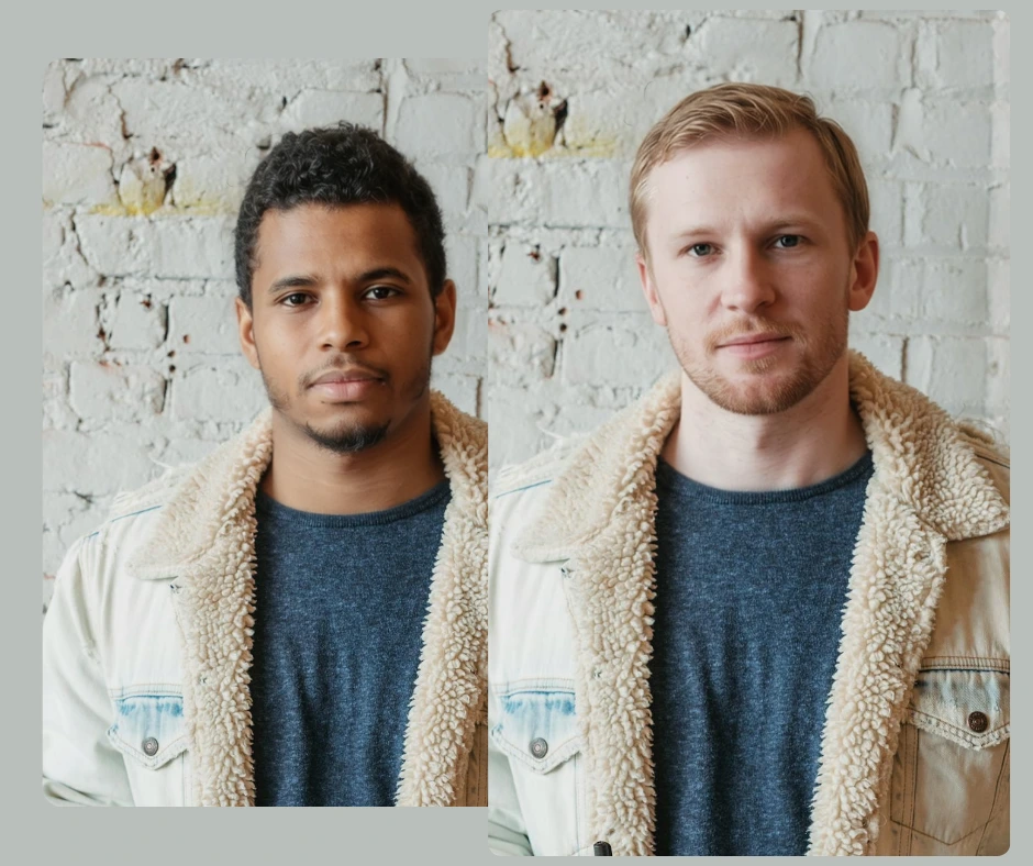 Two men wearing identical outfits displayed side by side to show a before-and-after face swap comparison. The photo illustrates how accurately iPhone face swap technology matches lighting and facial angles.