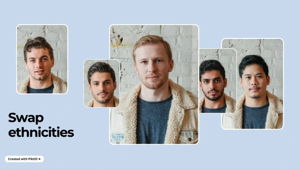 Multiple portraits of the same man in a shearling jacket with different facial features, demonstrating ethnic diversity swaps. Created with PiktID to show inclusive and realistic AI face swap technology.