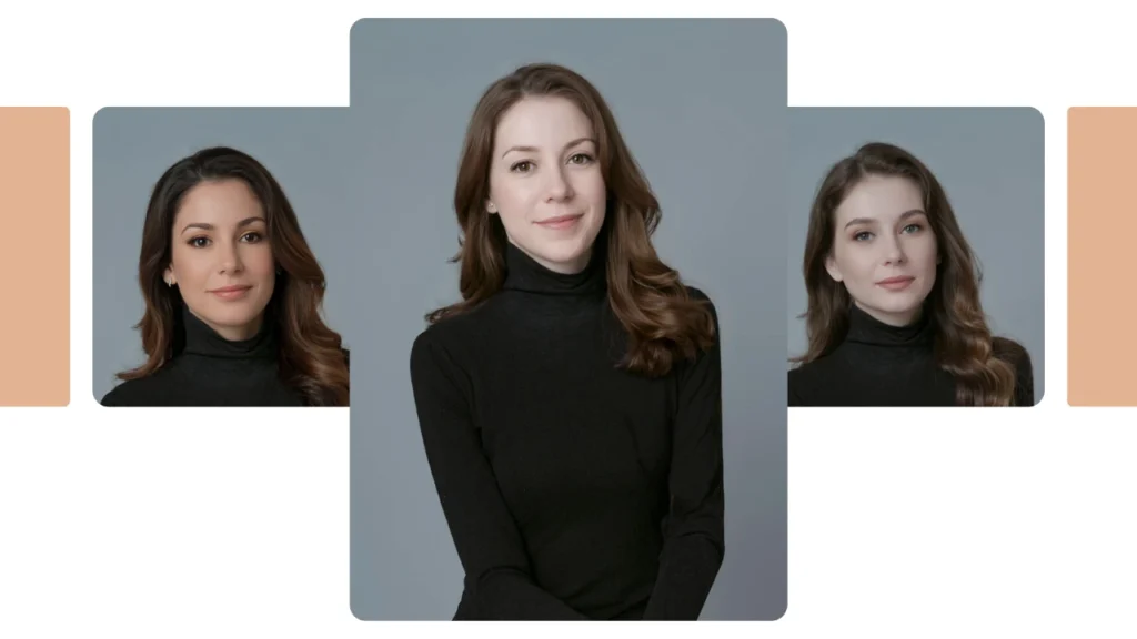 Portrait of a young woman wearing a black turtleneck, captured in soft lighting for a professional look. Serves as a clean base photo used for AI face swap or portrait comparison demos.