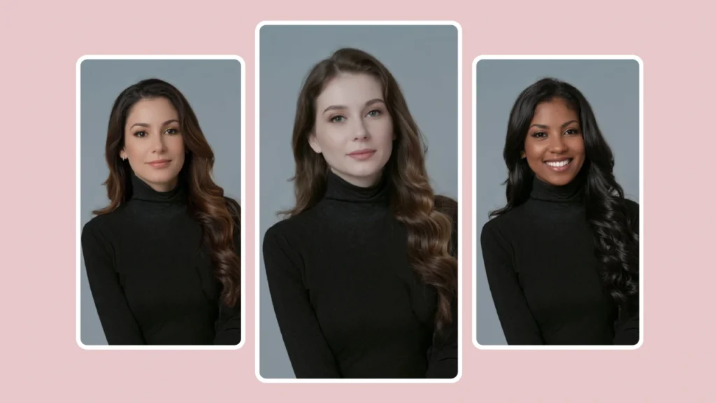Three women in black turtlenecks shown side by side, representing successful AI face swaps with natural expressions. Highlights how PiktID maintains texture, tone, and hair detail in iPhone face swap results.