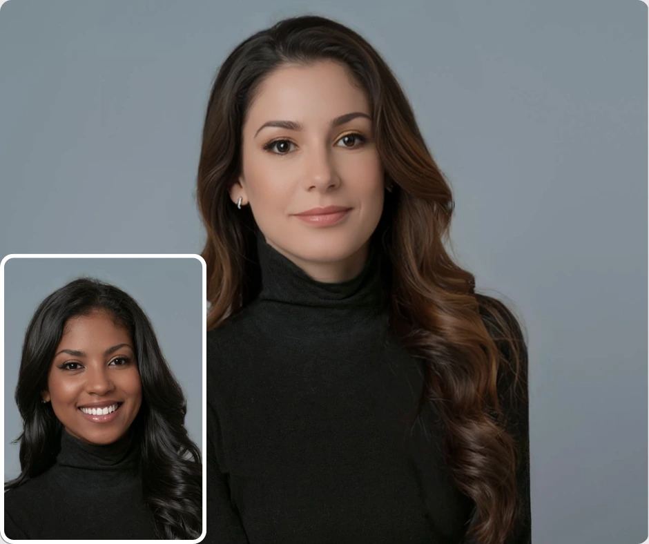 A woman in a black turtleneck poses with a smaller inset showing a face swap example. This iPhone face swap demo highlights natural skin tone blending and realistic portrait editing.