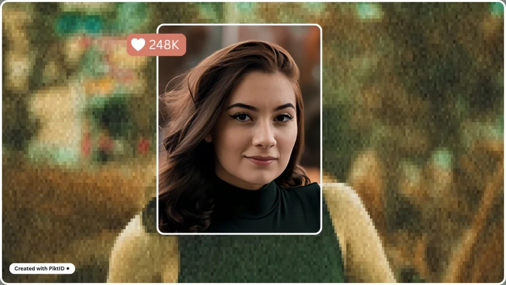 Portrait of a woman with smooth, high-resolution skin texture after AI upscaling, framed in a social-media style interface with 248K likes. Ideal example of how photo resolution can be improved using AI tools.