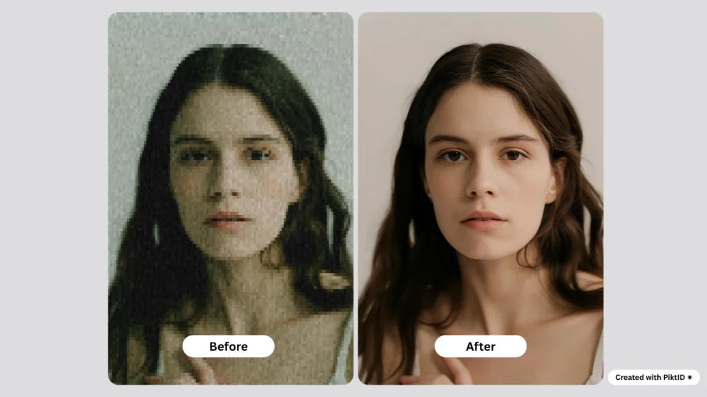 Before-and-after comparison of a young woman’s photo showing a transition from pixelated, blurry quality to a clear, high-resolution restored image. Demonstrates the effectiveness of AI photo enhancement.