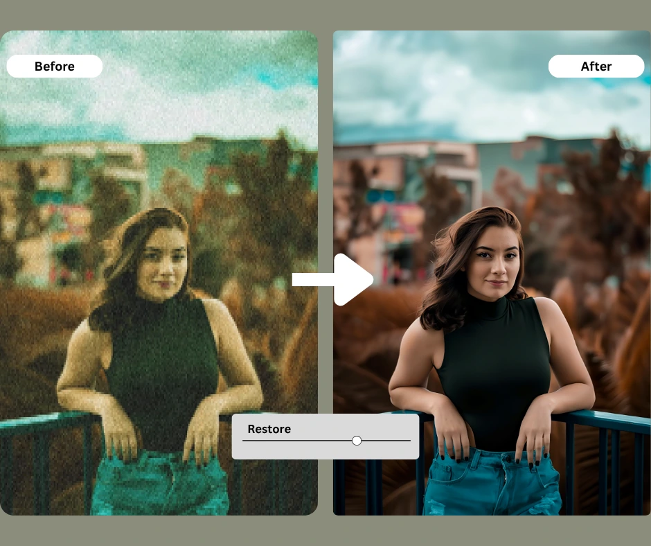 Before-and-after comparison of a noisy low-resolution photo restored into a sharp, high-quality portrait using PiktID. The restored version shows clearer skin details, vivid colors, and improved background clarity.