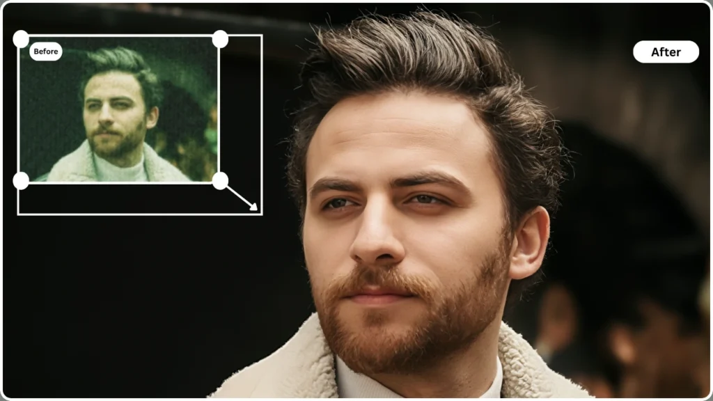 Learning how to improve resolution of a photo with a Side-by-side makeover of a man’s image upgraded from low-resolution to a sharper, detailed portrait using AI upscaling. Highlights visible improvements in clarity, texture, and facial details.