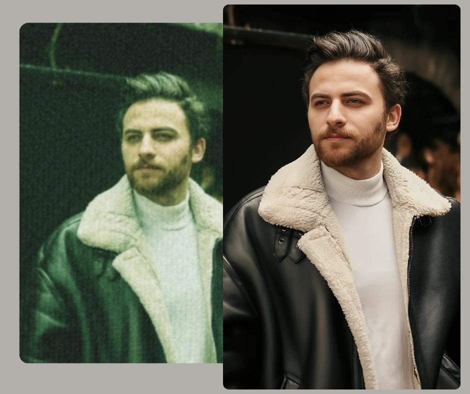 Side-by-side comparison of a blurry, grainy portrait transformed into a clean, high-resolution image using PiktID. The after photo highlights improved lighting, sharper texture, and lifelike facial detail.