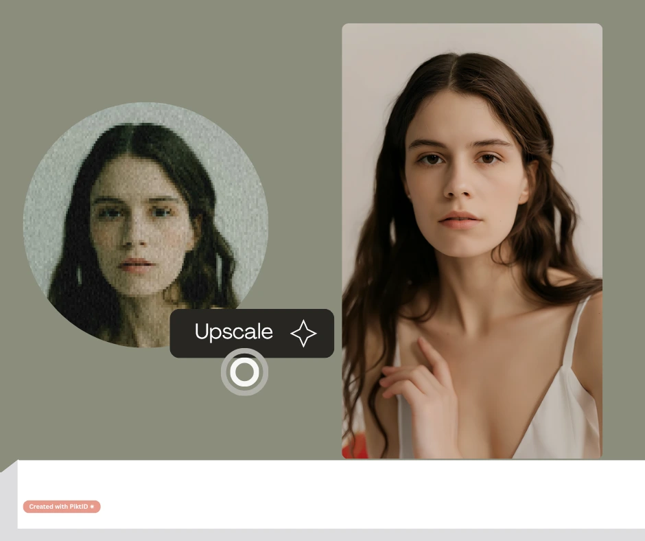 Upscaled portrait of a young woman in a white outfit, transformed from a pixelated, low-quality image to a smooth, high-resolution photo. The restored version emphasizes natural skin texture, soft lighting, and fine facial details.