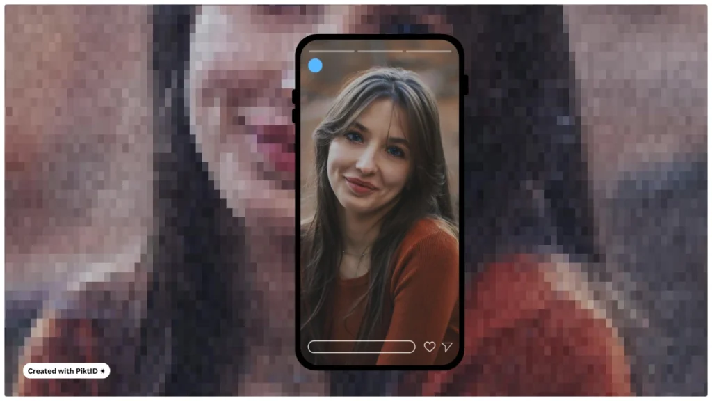 Ritratto sfocato sullo schermo di un telefono trasformato in un'immagine nitida e chiara ad alta risoluzione grazie all'upscaling fotografico basato sull'intelligenza artificiale. Dimostra come aumentare i pixel di una foto per migliorarne la qualità sui social media.
