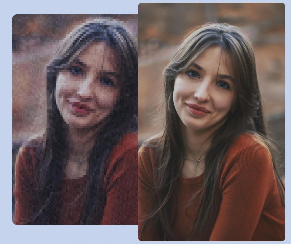 Confronto tra prima e dopo l'upscaling delle immagini: foto pixelata a sinistra e un ritratto nitido e realistico a destra. L'intelligenza artificiale avanzata migliora i tratti del viso, l'illuminazione e le texture per risultati di qualità professionale.