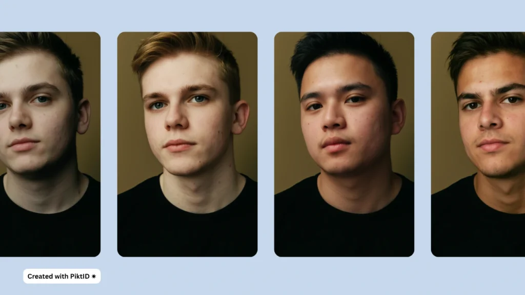 Four side-by-side portraits showing AI face swap results using PiktID, demonstrating realistic skin tones and facial structure matching. Each face appears naturally blended, showcasing high-quality photo editing and seamless transformation.