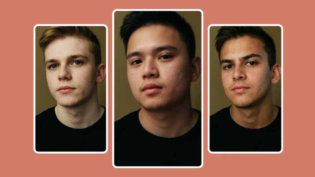 Three face-swapped portrait photos of men wearing black shirts against a neutral backdrop, created using AI face swap technology. The edits maintain natural expressions and youthful skin textures for high-quality identity transformation.
