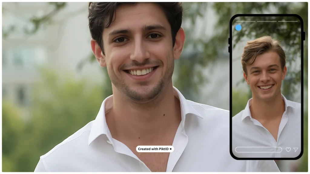 A smiling man in a white shirt with an AI-swapped face next to the original image shown on a phone screen. The picture demonstrates how to swap faces in photos using PiktID creating natural outdoor lifestyle portraits.