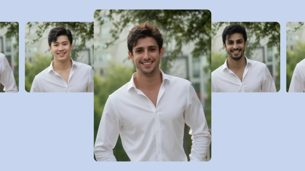 A man standing outdoors in a white shirt with realistic AI-generated face variations placed around him. This face swap collage shows natural lighting, sharp details, and professional-quality results.