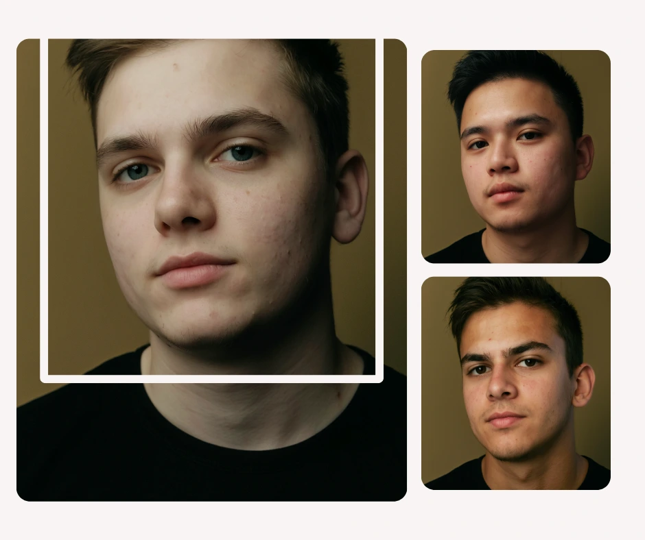 Close-up portraits of three young men used in a face-swapping demo, showing a selected face outlined for editing. This image demonstrates choosing a face for AI-powered photo face swap using natural lighting and studio background.