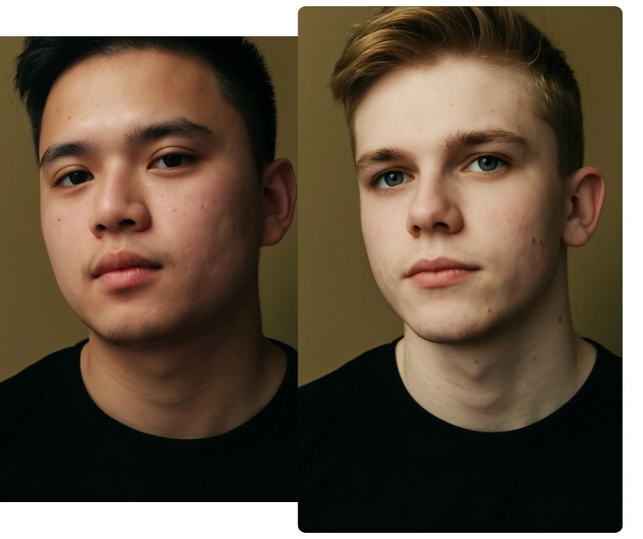 Two young male portraits displayed side-by-side to highlight before-and-after face swapping results using AI. Smooth lighting and realistic facial blending showcase high-quality face replacement technology.