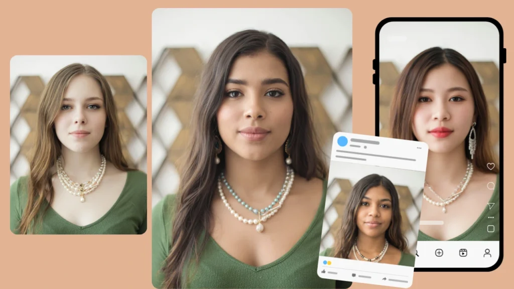 A fashion portrait with overlays of social media frames showing AI-swapped faces for online profiles. The arrangement highlights how PiktID enhances influencer content and brand visuals with realistic face swaps.
