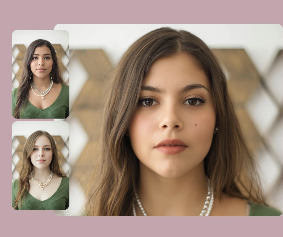 Close-up portrait of a young woman in a pearl necklace and green top, with two smaller preview images showing alternate face swap results. AI portrait face swapping demonstration with soft natural lighting and indoor aesthetic background.