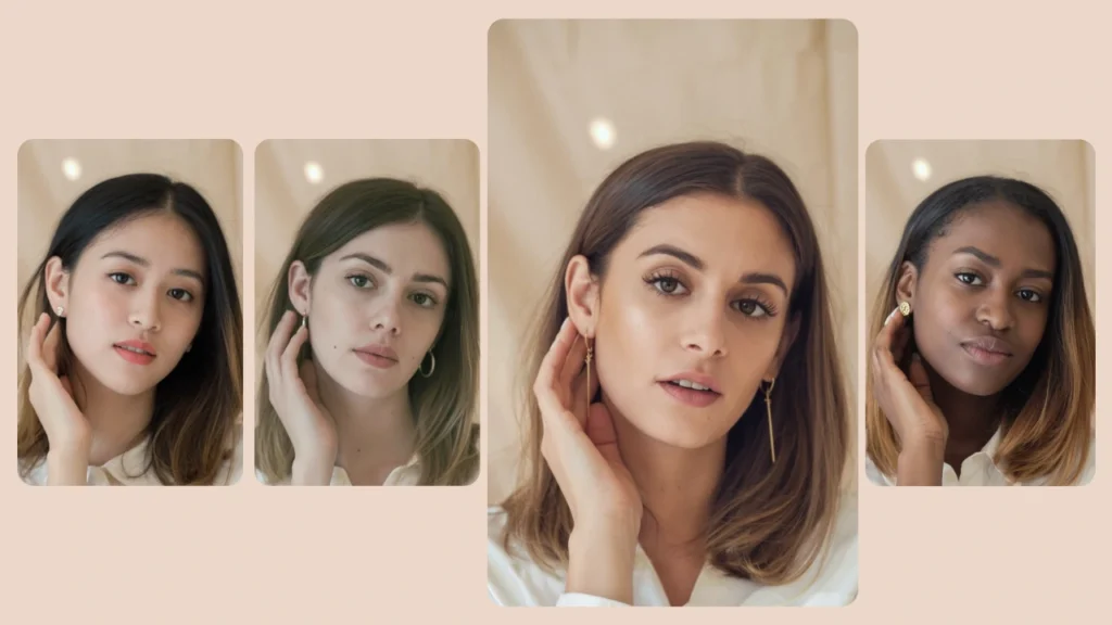 Four women posing in similar lighting and attire, highlighting AI identity swap transformations for professional portrait or social media use.