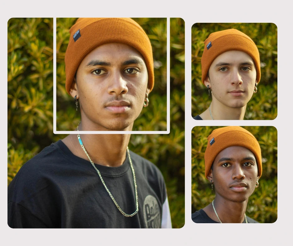 Multiple portraits of men wearing orange beanies demonstrate a identity-swap comparison effect with natural lighting. The image showcases smooth blending and consistent facial alignment for realistic AI face replacement results.