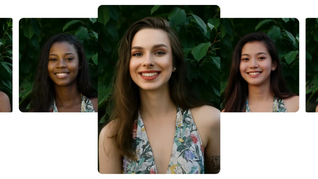 Young woman in a blue sweater demonstrating AI identity swap results, with inset showing how her face was replaced with another realistic identity variation.