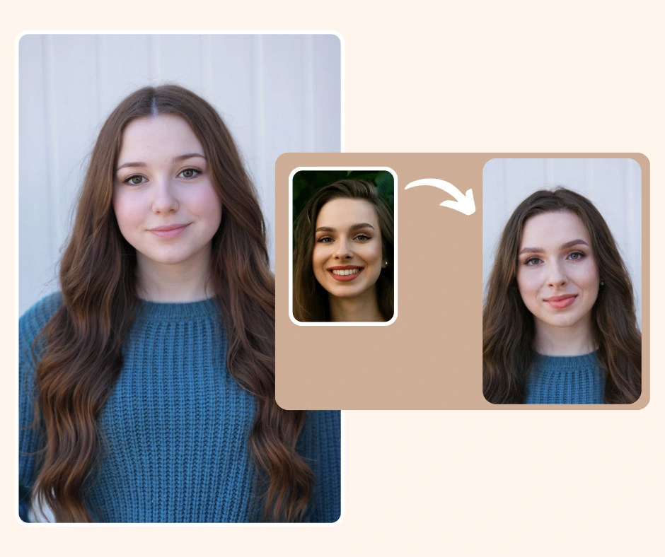 Before-and-after collage of a woman in a blue sweater showing a seamless AI image face swap transformation. The edit highlights natural facial tone matching and realistic lighting adjustment for quick identity changes.
