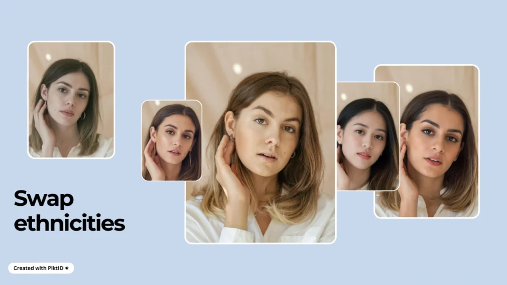 AI-generated portraits of women in beige shirts showcasing image face swap across diverse ethnic appearances, emphasizing realism and inclusivity.