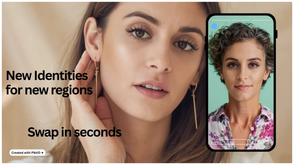 Close-up of a woman touching her face beside a smartphone displaying an alternate AI-generated portrait, promoting instant identity swaps for different regions.