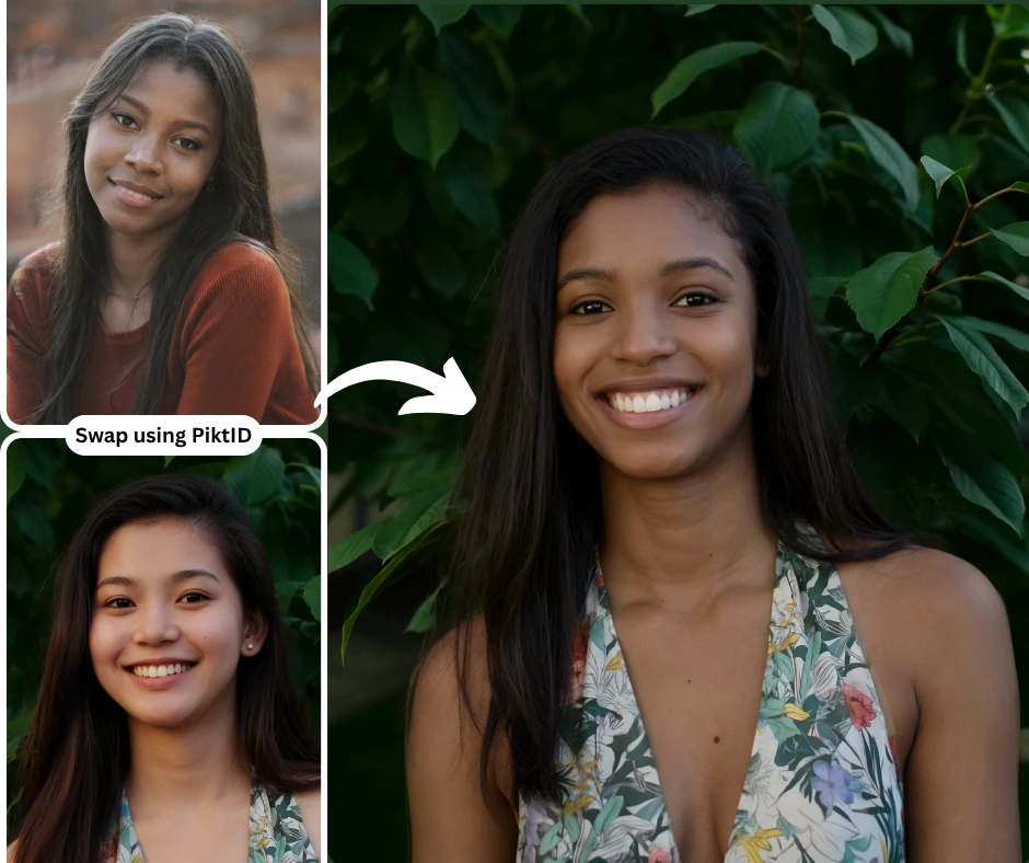 Image Face swap comparison collage created using PiktID showing two different women’s portraits merged into a single realistic output. The image demonstrates accurate AI blending, natural smiles, and skin-tone consistency in outdoor lighting.