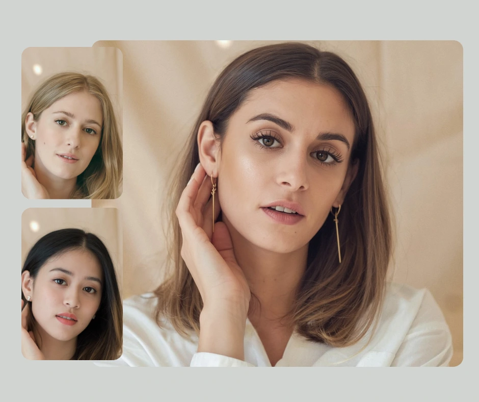 Professional portrait collage showing AI identity swapping between two women with subtle lighting and expression consistency. The image emphasizes facial harmony, elegant presentation, and realistic digital transformation for photography and editing tools.