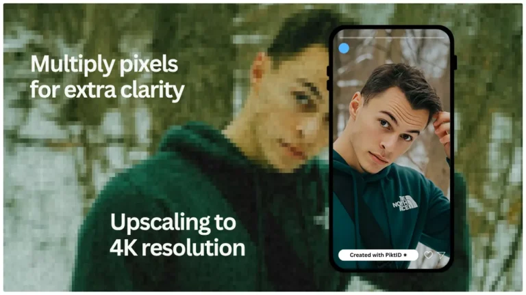 Promotional image showing how PiktID multiplies pixels for extra clarity and upscales old photos to 4K resolution. A man in a green hoodie is shown on a phone screen, illustrating AI-powered photo restoration for social media visuals. Using make image 4K by PiktID