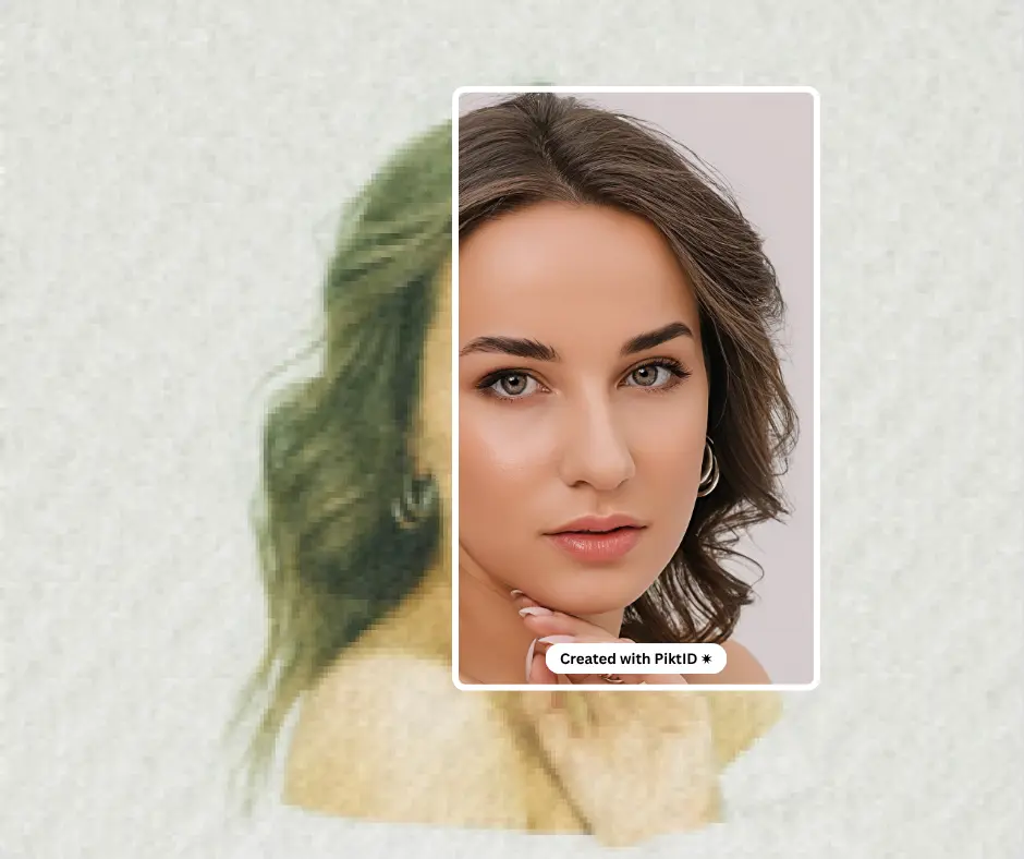 Side-by-side comparison showing a blurred, low-quality portrait restored into a sharp 4K image using PiktID’s AI image upscaler. The photo highlights how facial details and lighting are enhanced after upscaling.