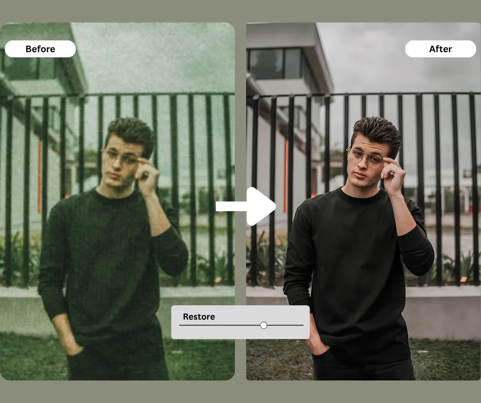 Before-and-after photo of a man wearing a dark sweater, demonstrating AI photo restoration from a grainy to a clear, high-resolution version. The improved image displays natural lighting and sharper background lines.
