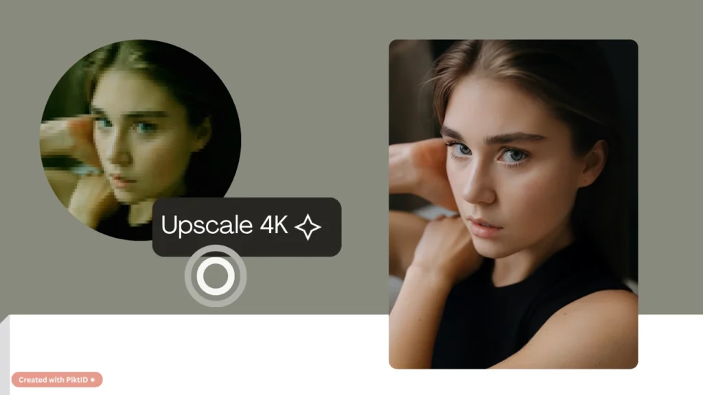 A “before and after” view showing AI upscaling of a woman’s portrait to 4K resolution using PiktID. The design emphasizes how advanced pixel restoration improves facial definition and photo sharpness.
