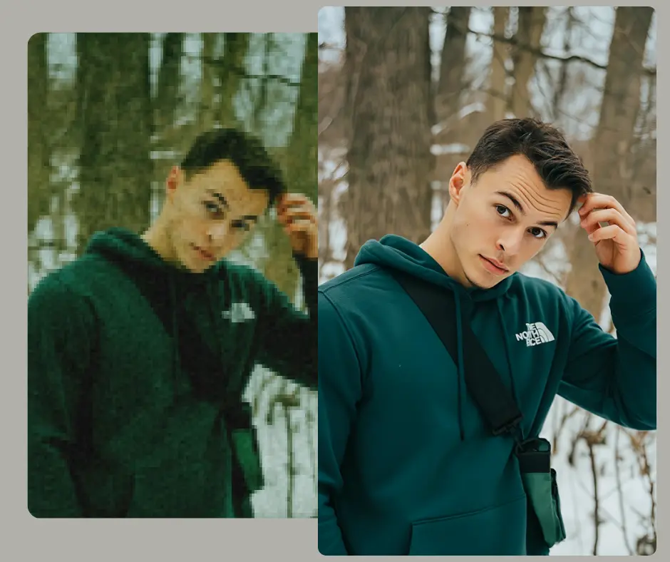 Side-by-side photo showing AI restoration of a man in a green hoodie standing in a forest. The image demonstrates how PiktID enhances details, colors, and lighting for a crisp 4K look.