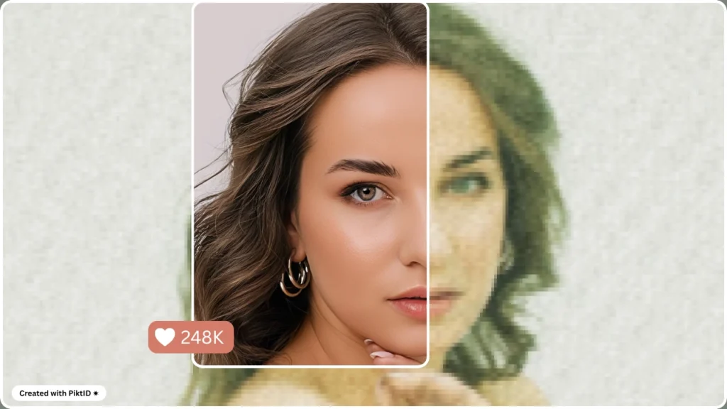 Make image 4K by using PiktID, Half-split image showing AI photo enhancement of a woman’s close-up portrait. The transformation highlights natural skin tones, sharper eyes, and smooth detail restoration using PiktID’s upscale tool.